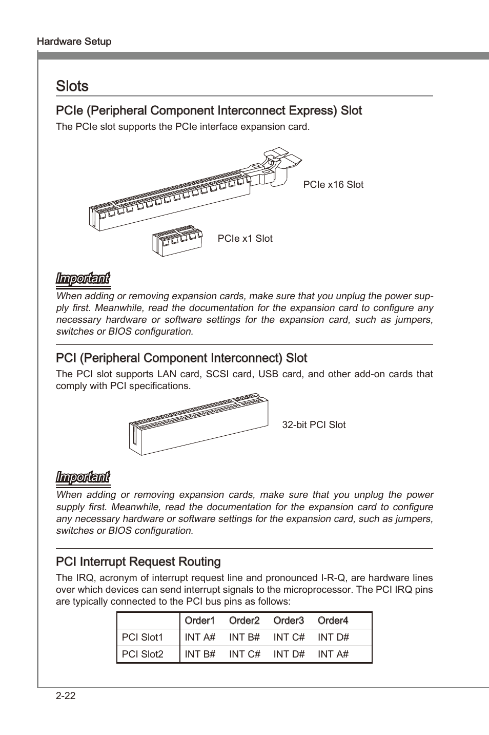 Slots -22, Slots, Important | Pci (perpheral component interconnect) slot, Pci interrupt request routng | MSI Z68A-GD55 (G3) User Manual | Page 38 / 80