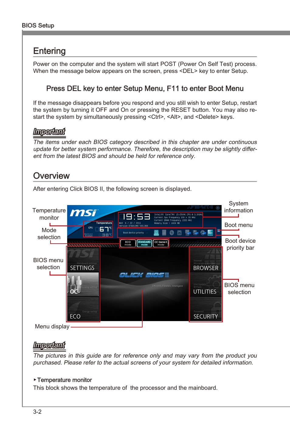 Enterng -2 overvew -2, Chapter 3, Chapter 3 enterng | Overvew, Important | MSI Z68A-GD55 (G3) User Manual | Page 40 / 80