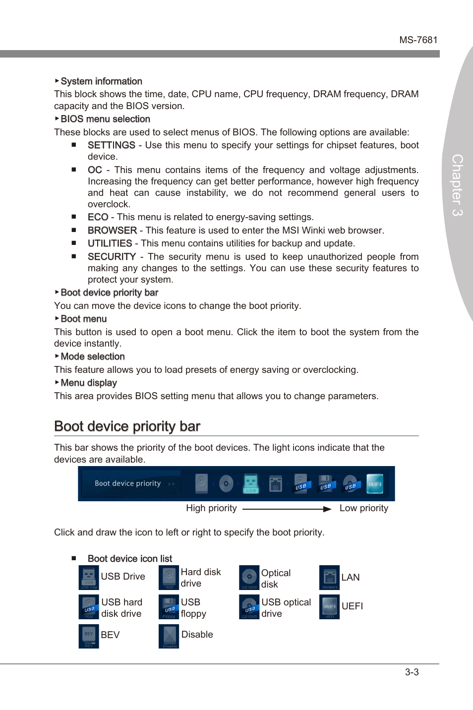 Boot devce prorty bar -3, Chapter 3, Boot devce prorty bar | MSI Z68A-GD55 (G3) User Manual | Page 41 / 80