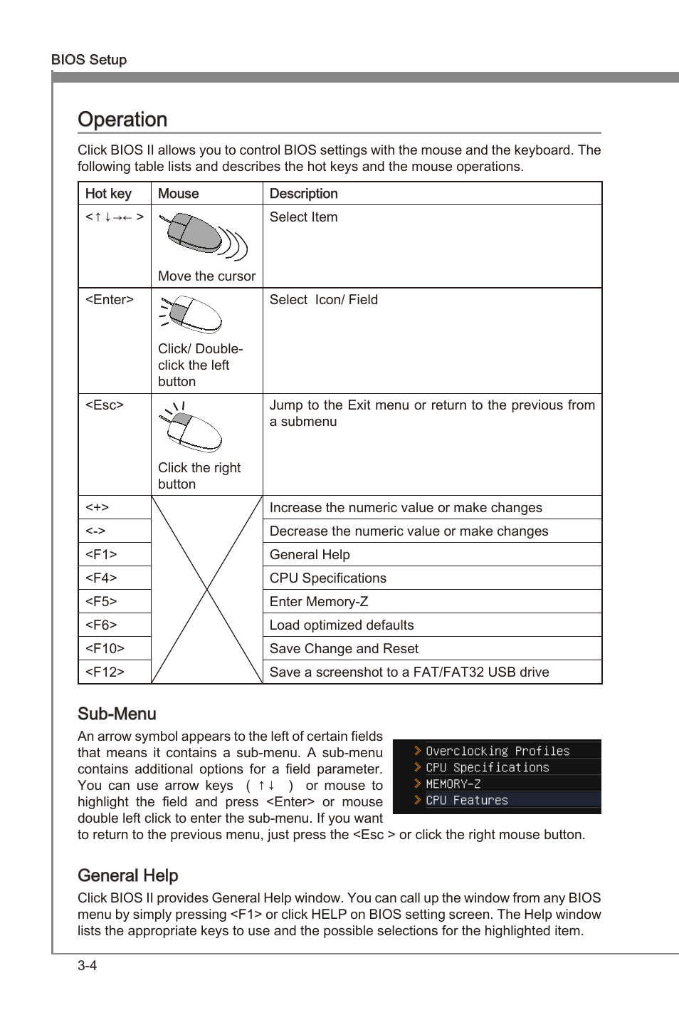 Operaton -4, Chapter 3, Chapter 3 operaton | Sub-menu, General help | MSI Z68A-GD55 (G3) User Manual | Page 42 / 80