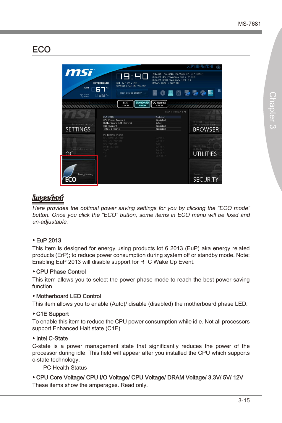 Eco -15, Chapter 3, Chapter 3 eco | Important | MSI Z68A-GD55 (G3) User Manual | Page 53 / 80