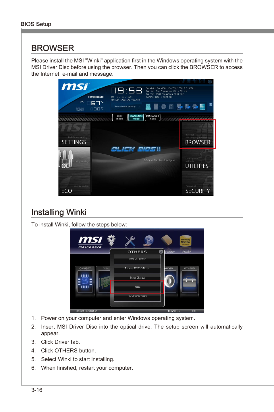 Browser -16 installng wnk -16, Chapter 3, Chapter 3 browser | Installng wnk | MSI Z68A-GD55 (G3) User Manual | Page 54 / 80