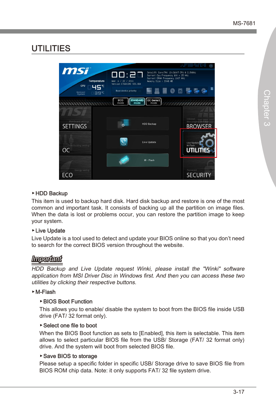 Utilities -17, Chapter 3, Chapter 3 utilities | Important | MSI Z68A-GD55 (G3) User Manual | Page 55 / 80