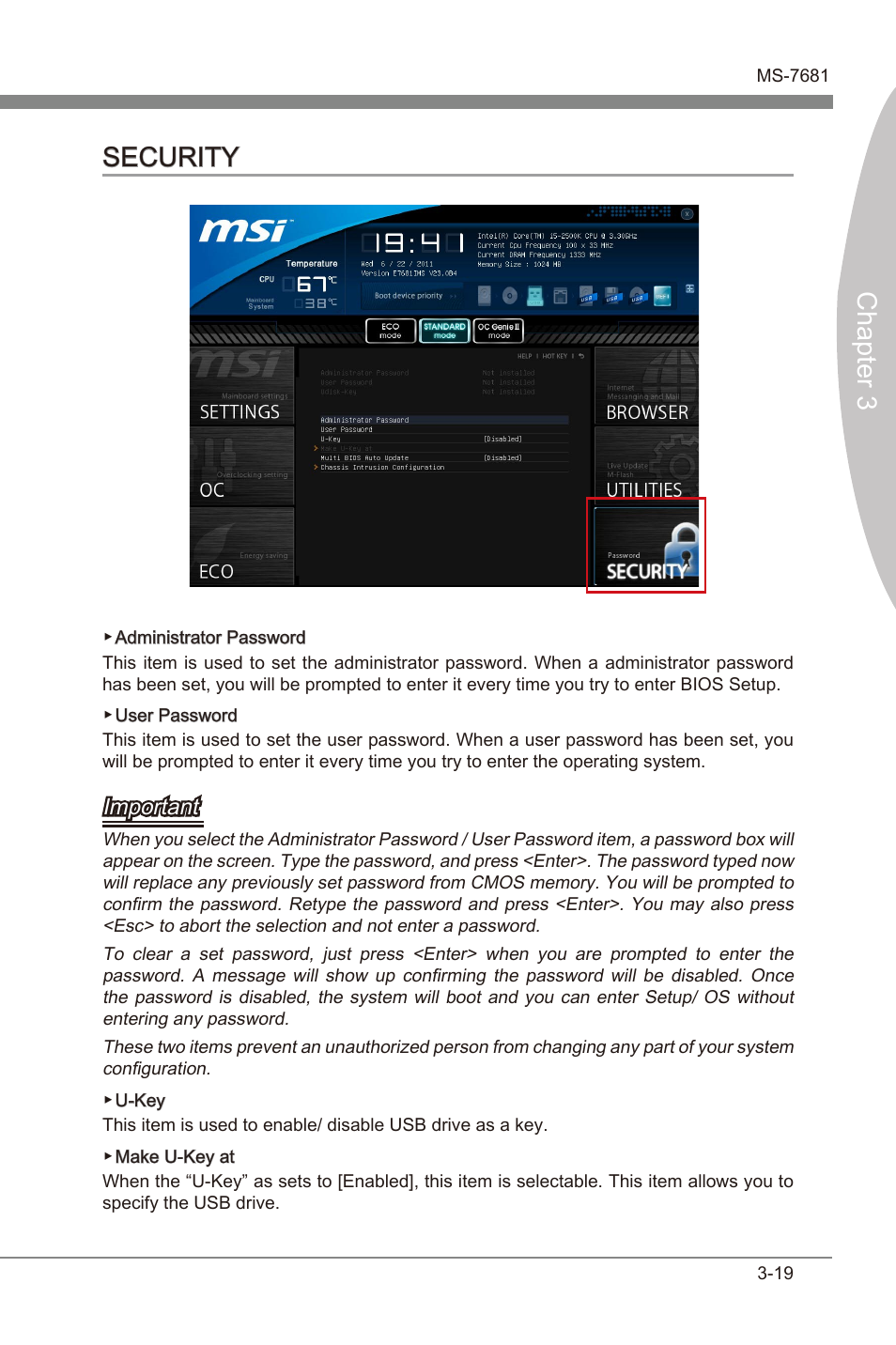 Security -19, Chapter 3, Chapter 3 security | Important | MSI Z68A-GD55 (G3) User Manual | Page 57 / 80