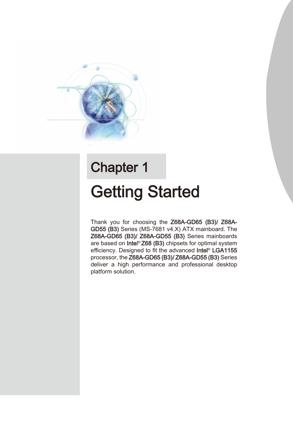 Chapter 1 gettng started -1, Gettng started, Chapter 1 | MSI Z68A-GD65 (B3) Manual User Manual | Page 11 / 84