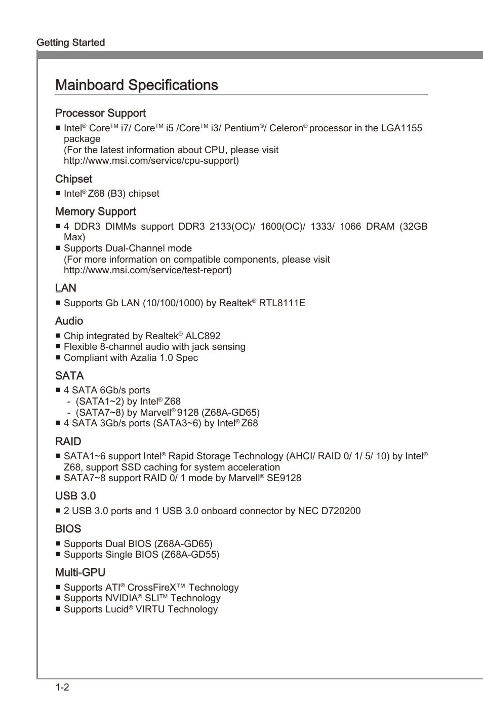 Manboard specficatons -2, Manboard specficatons | MSI Z68A-GD65 (B3) Manual User Manual | Page 12 / 84