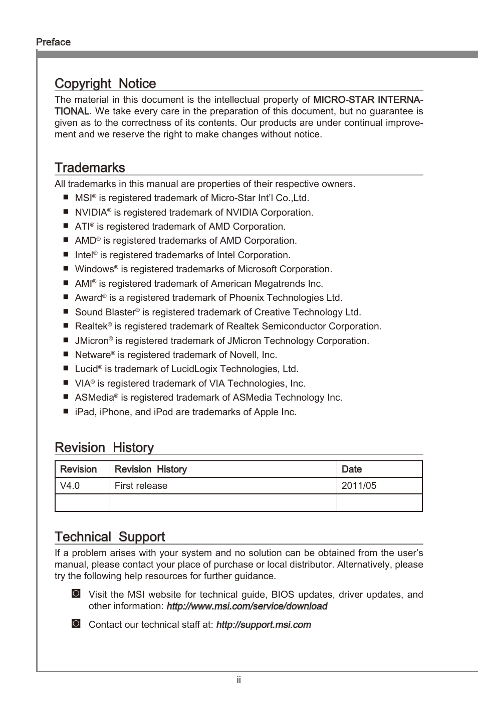 Preface, Copyrght notce, Trademarks | Revson hstory, Techncal support | MSI Z68A-GD65 (B3) Manual User Manual | Page 2 / 84