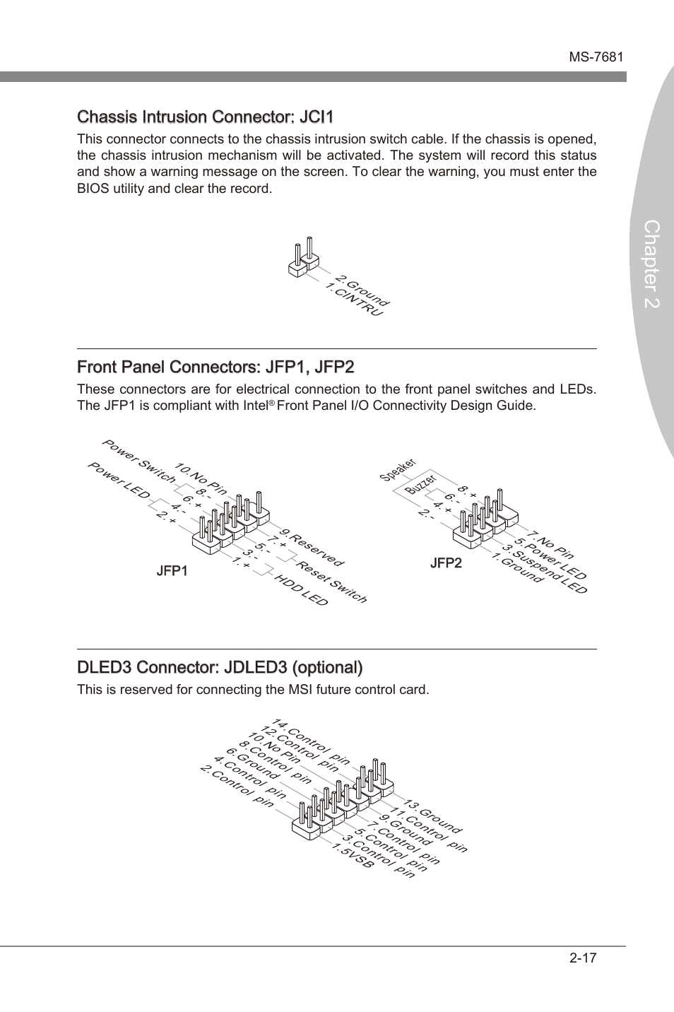 Chapter 2, Chasss intruson connector: jci1, Front panel connectors: jfp1, jfp2 | Dled3 connector: jdled3 (optonal) | MSI Z68A-GD65 (B3) Manual User Manual | Page 33 / 84