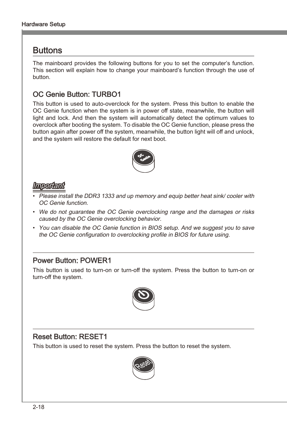 Buttons -18, Buttons, Oc gene button: turbo1 | Important, Power button: power1, Reset button: reset1 | MSI Z68A-GD65 (B3) Manual User Manual | Page 34 / 84