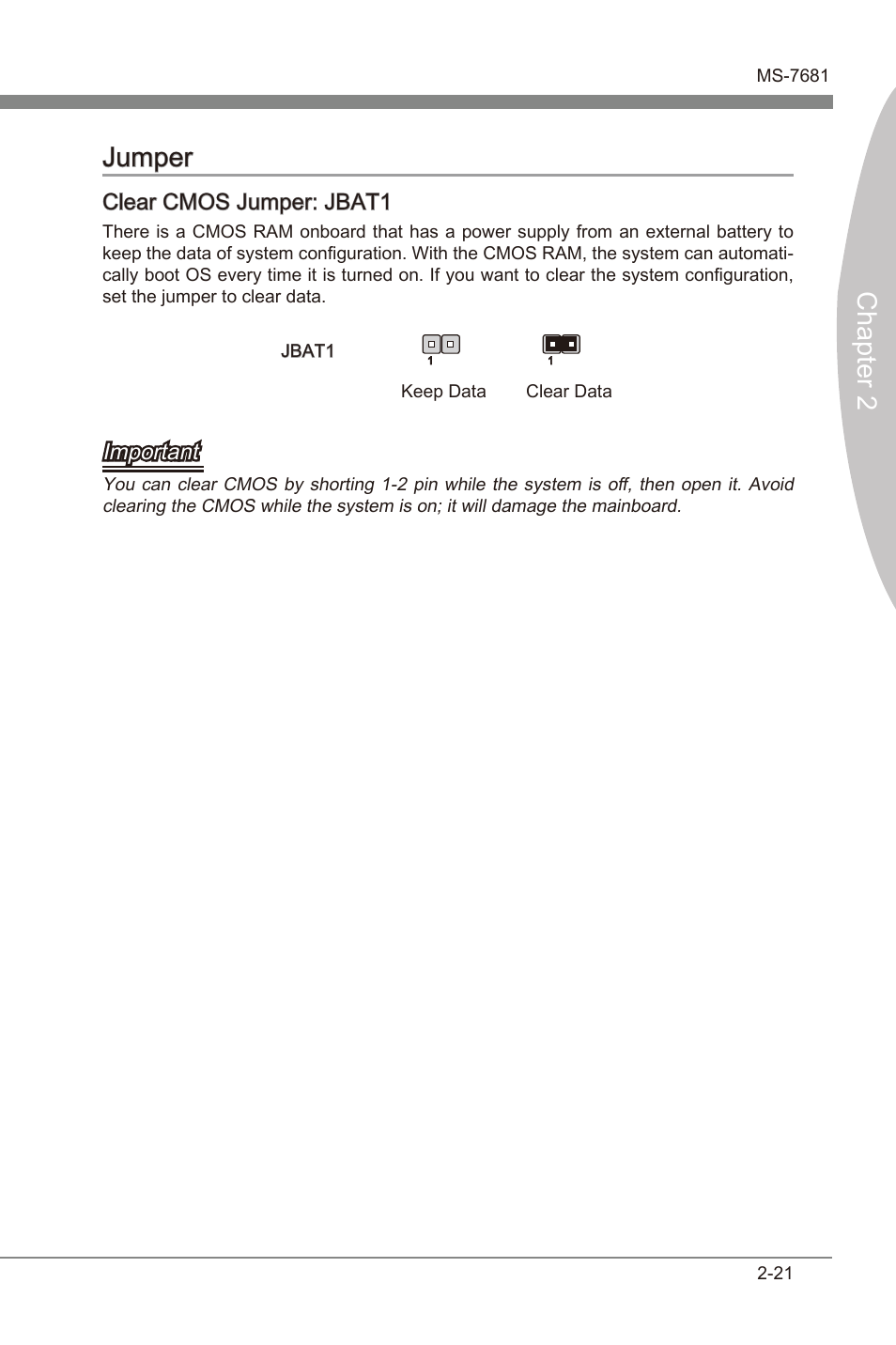 Jumper -21, Chapter 2 jumper, Clear cmos jumper: jbat1 | Important | MSI Z68A-GD65 (B3) Manual User Manual | Page 37 / 84