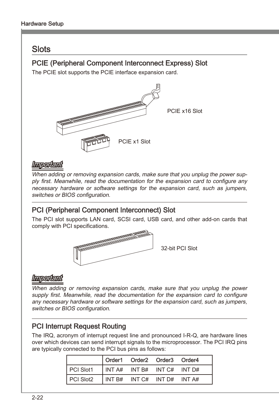 Slots -22, Slots, Important | Pci (perpheral component interconnect) slot, Pci interrupt request routng | MSI Z68A-GD65 (B3) Manual User Manual | Page 38 / 84