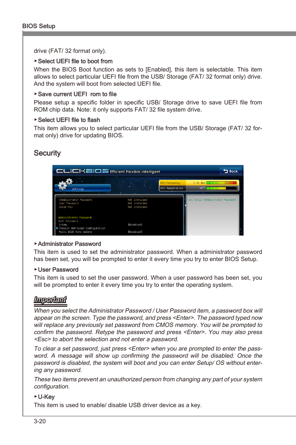 Chapter 3, Securty, Important | MSI Z68A-GD65 (B3) Manual User Manual | Page 58 / 84