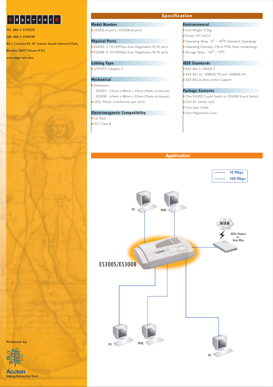 Application specification, Model number, Physical ports | Cabling type, Mechanical, Electromagnetic compatibility, Environmental, Ieee standards, Package contents | Accton Technology ES3008 User Manual | Page 2 / 2