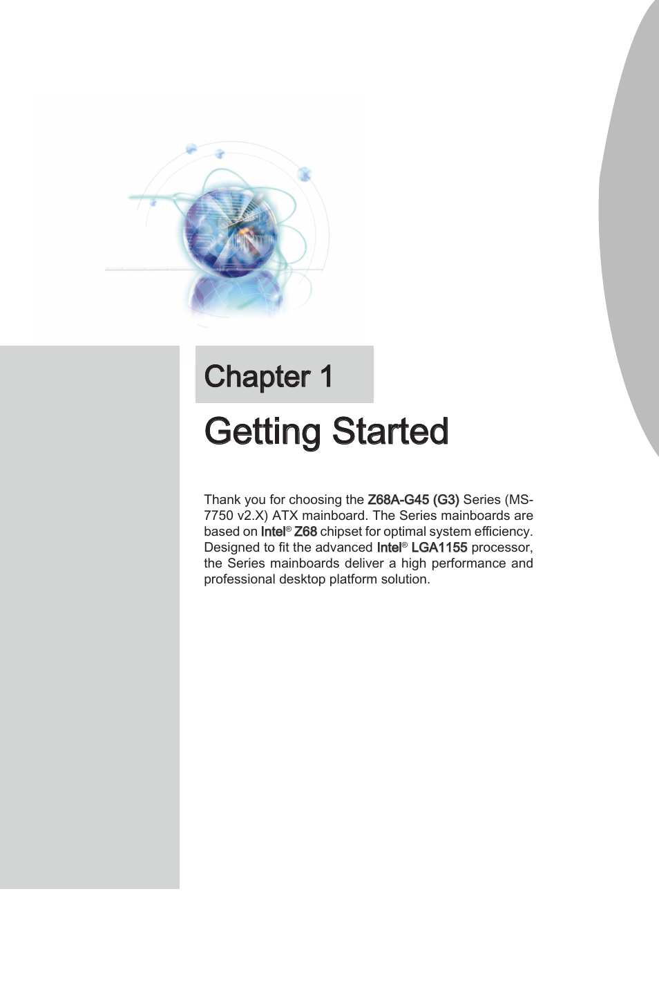 Chapter 1 gettng started -1, Gettng started, Chapter 1 | MSI Z68A-G45 (G3) Manual User Manual | Page 11 / 82