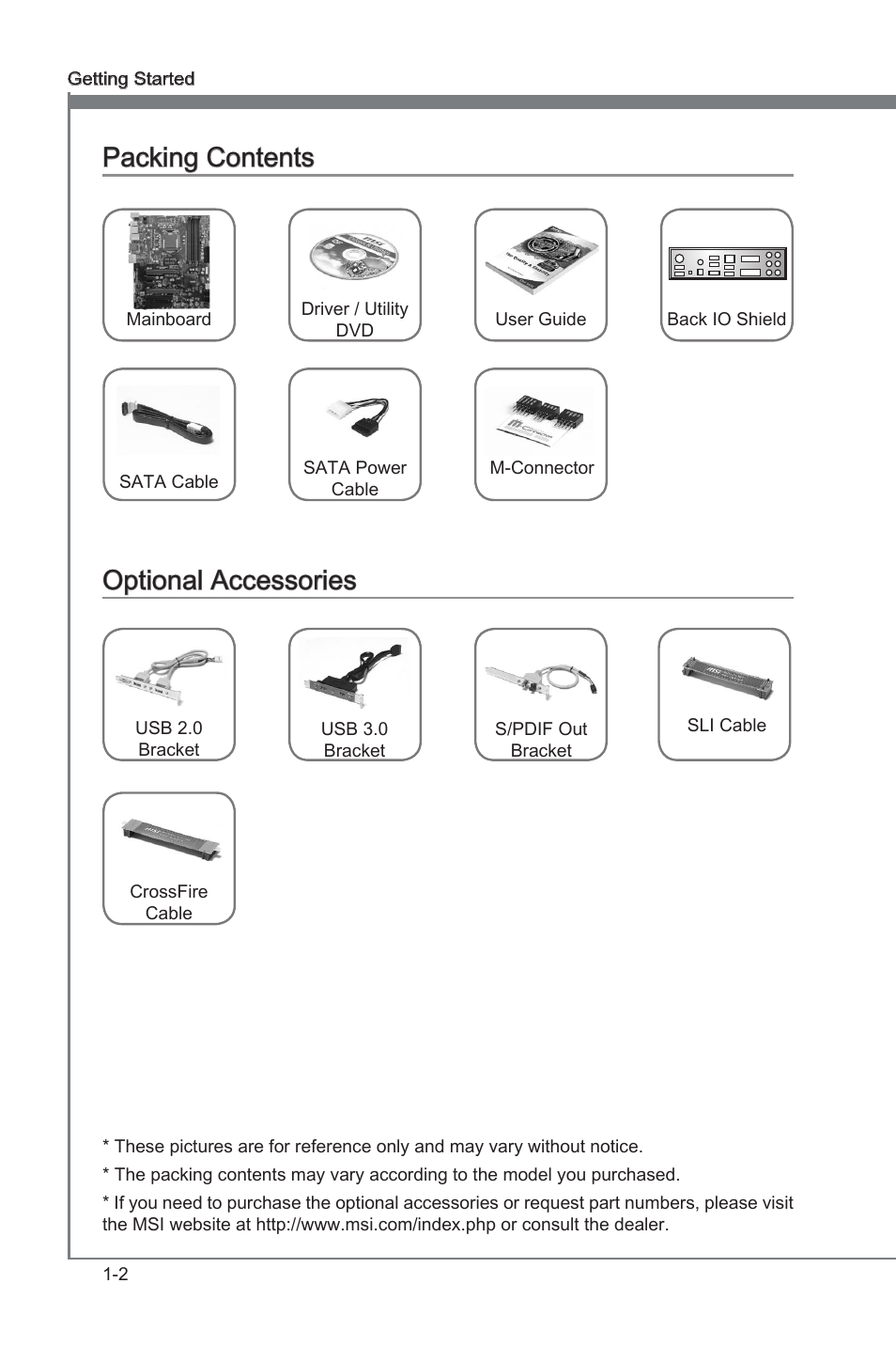 Packng contents -2 optonal accessores -2, Packng contents, Optonal accessores | MSI Z68A-G45 (G3) Manual User Manual | Page 12 / 82