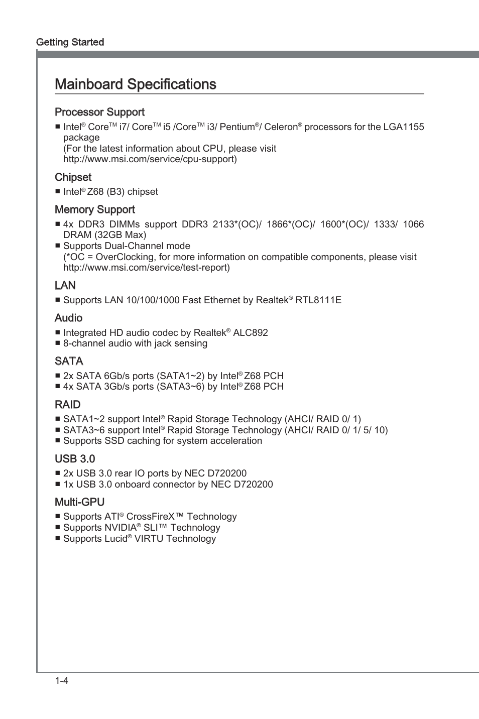 Manboard specficatons -4, Manboard specficatons | MSI Z68A-G45 (G3) Manual User Manual | Page 14 / 82