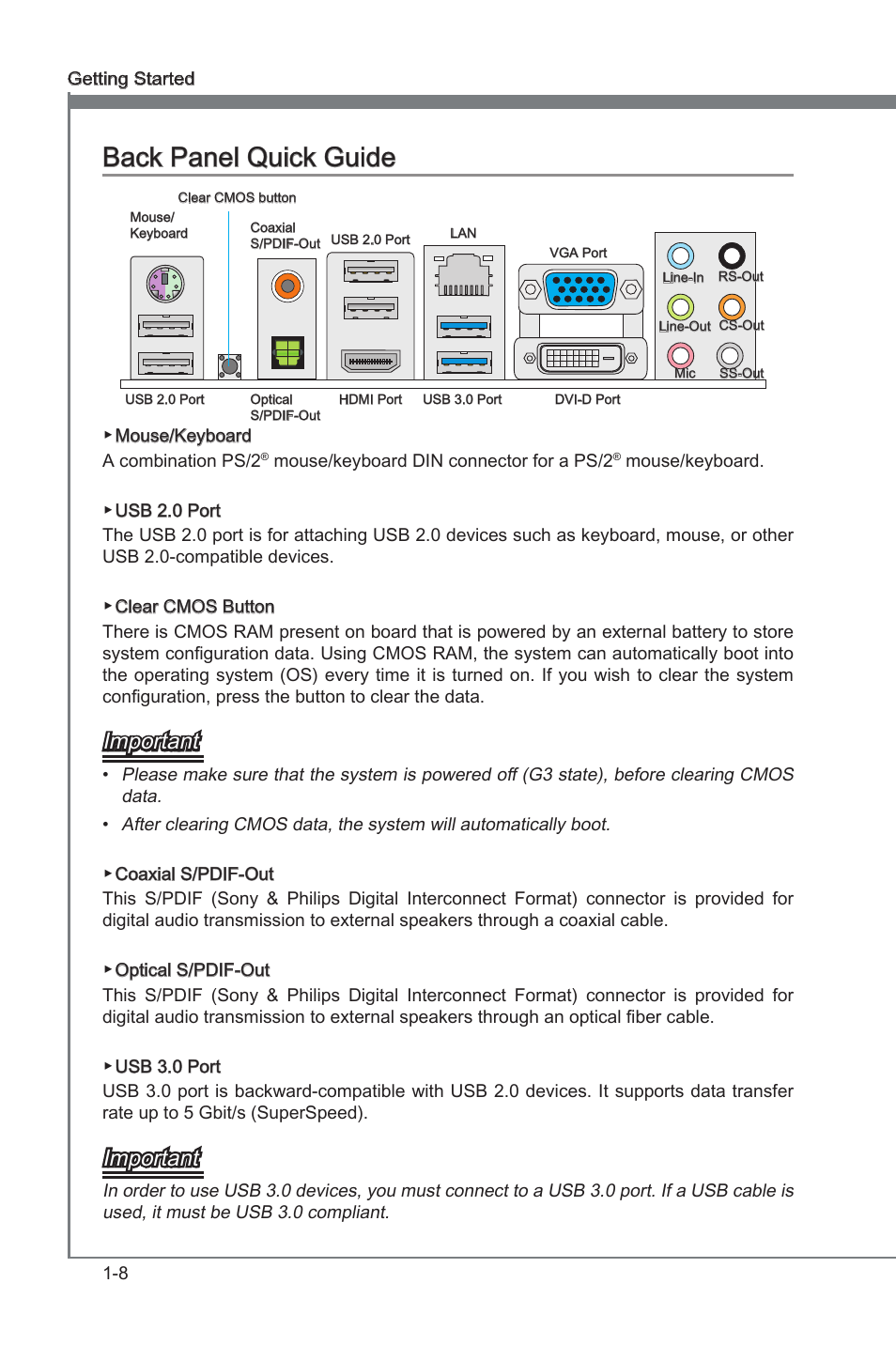 Back panel quck gude -8, Back panel quck gude, Important | MSI Z68A-G45 (G3) Manual User Manual | Page 18 / 82