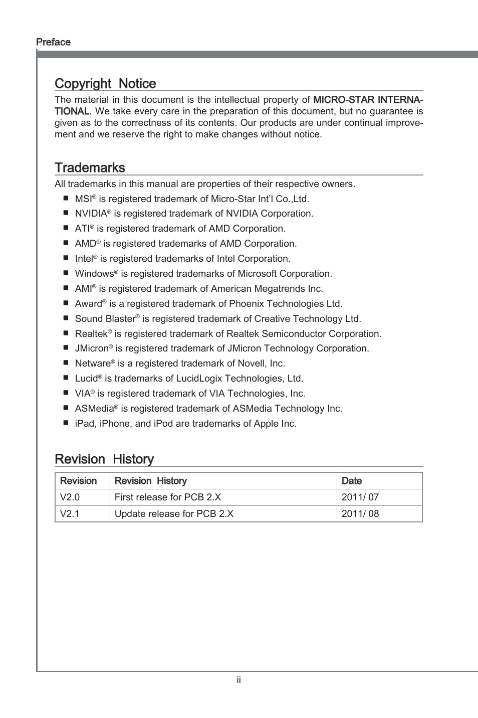 Preface, Copyrght notce, Trademarks | Revson hstory | MSI Z68A-G45 (G3) Manual User Manual | Page 2 / 82