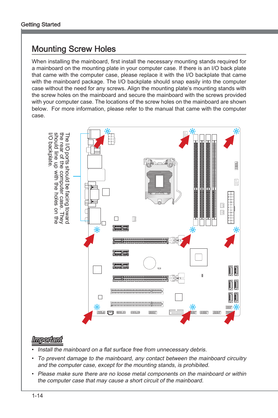 Mountng screw holes -14, Mountng screw holes, Important | MSI Z68A-G45 (G3) Manual User Manual | Page 24 / 82