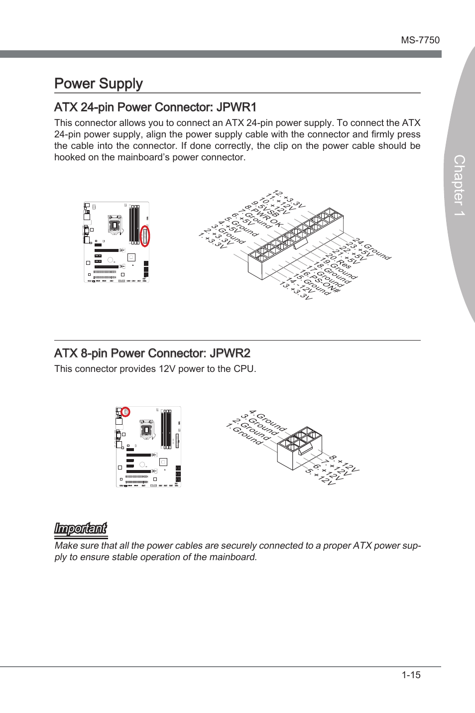 Atx 24-pin power connector: jpwr1, Atx 8-pin power connector: jpwr2, Power supply -15 | Atx 24-pn power connector, Jpwr1, Atx 8-pn power connector, Jpwr2, Chapter 1 power supply, Atx 24-pn power connector: jpwr1, Atx 8-pn power connector: jpwr2 | MSI Z68A-G45 (G3) Manual User Manual | Page 25 / 82