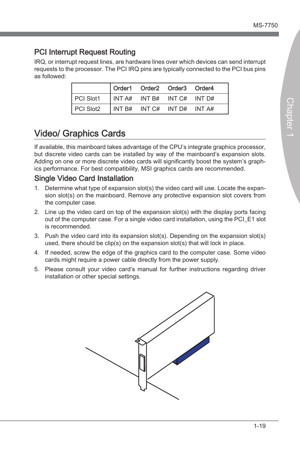 Vdeo/ graphcs cards -19, Chapter 1, Vdeo/ graphcs cards | Pci interrupt request routng, Sngle vdeo card installaton | MSI Z68A-G45 (G3) Manual User Manual | Page 29 / 82