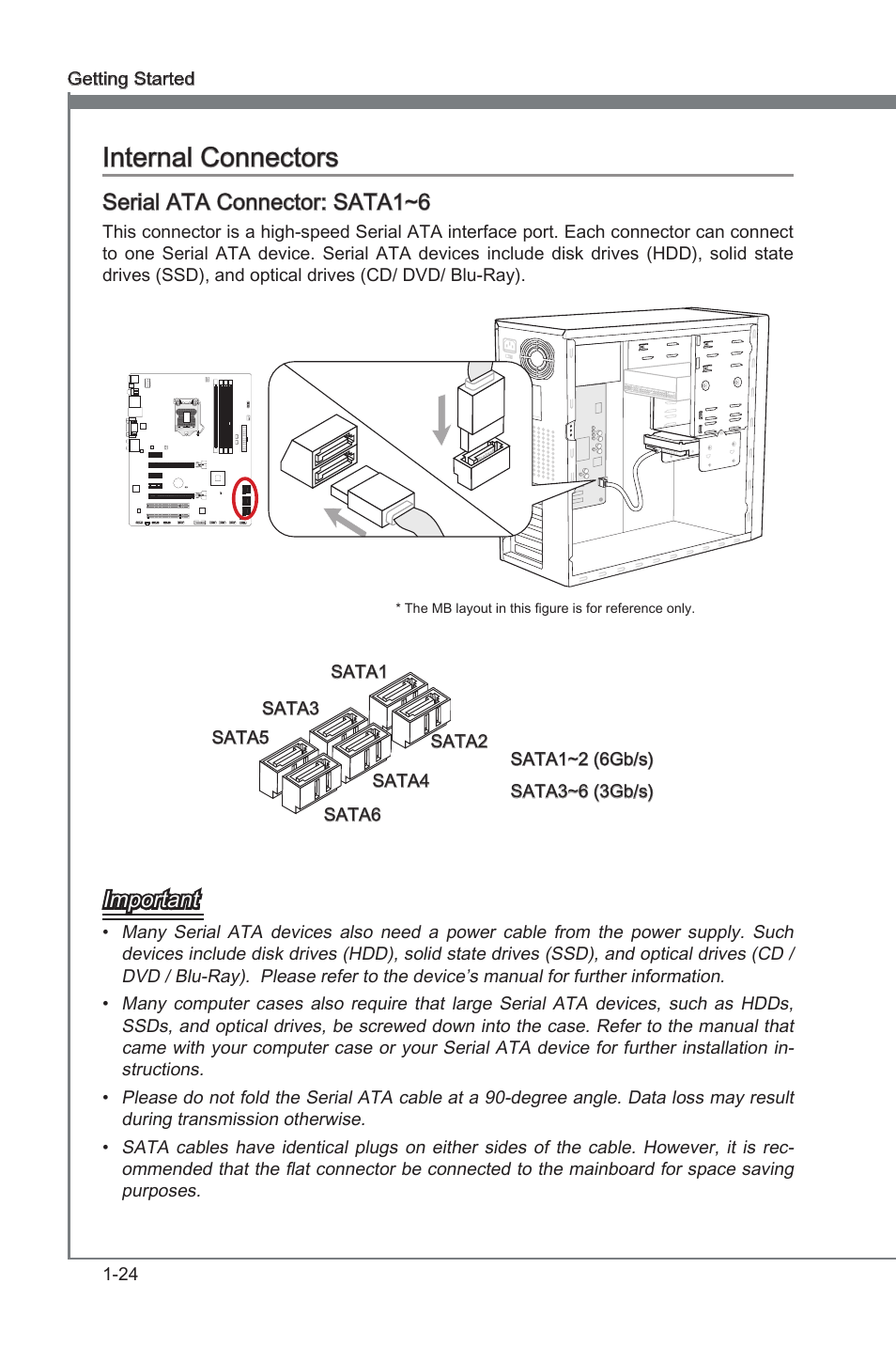 Serial ata connector: sata1~6, Internal connectors -24, Seral ata connector | Sata1~6, Internal connectors, Seral ata connector: sata1~6, Important | MSI Z68A-G45 (G3) Manual User Manual | Page 34 / 82