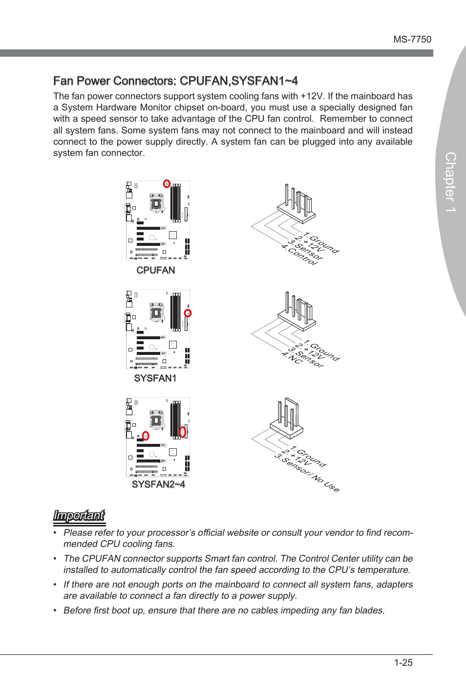 Fan power connectors: cpufan,sysfan1~4, Fan power connector, Cpufan | System fan power connectors, Sysfan1~4, Chapter 1, Important | MSI Z68A-G45 (G3) Manual User Manual | Page 35 / 82