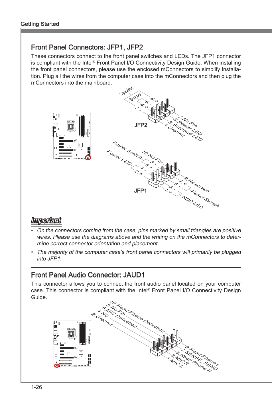 Front panel connectors: jfp1, jfp2, Front panel audio connector: jaud1, Front panel connectors | Jfp1, jfp2, Front panel audo connector, Jaud1, Important, Front panel audo connector: jaud1 | MSI Z68A-G45 (G3) Manual User Manual | Page 36 / 82