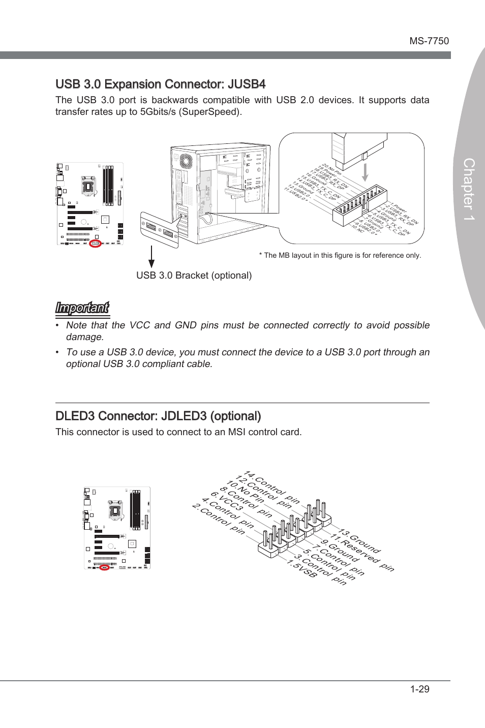 Usb 3.0 expansion connector: jusb4, Dled3 connector: jdled3 (optional), Usb 3.0 expanson connector | Jusb4, Dled3 connector, Jdled3, Chapter 1, Usb 3.0 expanson connector: jusb4, Important, Dled3 connector: jdled3 (optonal) | MSI Z68A-G45 (G3) Manual User Manual | Page 39 / 82