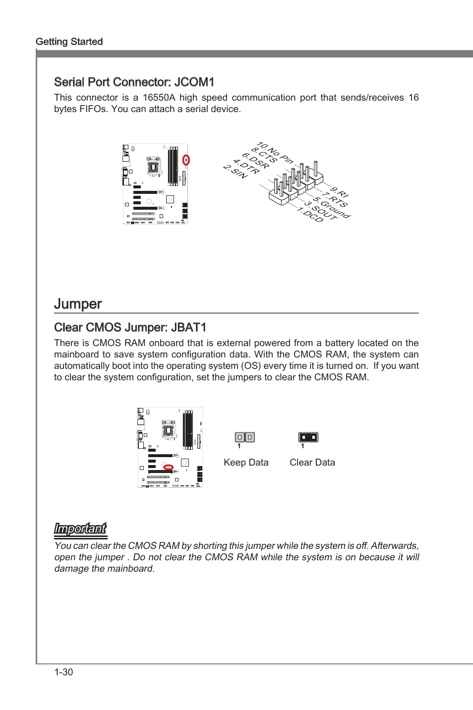 Serial port connector: jcom1, Clear cmos jumper: jbat1, Jumper -30 | Seral port connector, Jcom1, Clear cmos jumper, Jbat1, Jumper, Seral port connector: jcom1, Important | MSI Z68A-G45 (G3) Manual User Manual | Page 40 / 82