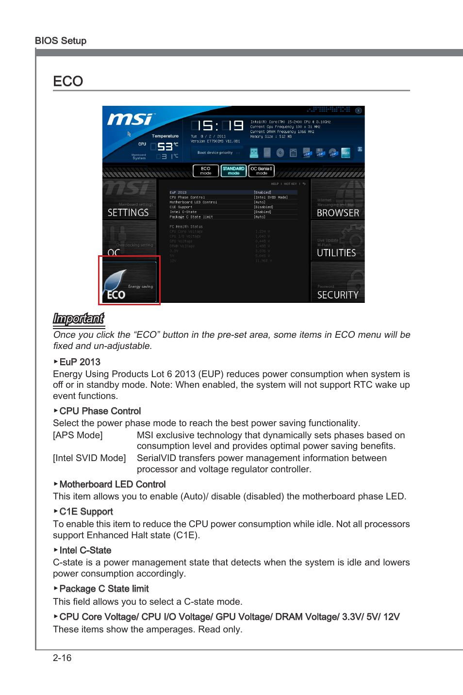 Eco -16, Chapter 2, Chapter 2 eco | Important | MSI Z68A-G45 (G3) Manual User Manual | Page 56 / 82