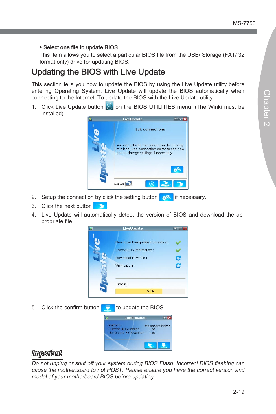 Updatng the bios wth lve update -19, Chapter 2, Updatng the bios wth lve update | Important | MSI Z68A-G45 (G3) Manual User Manual | Page 59 / 82