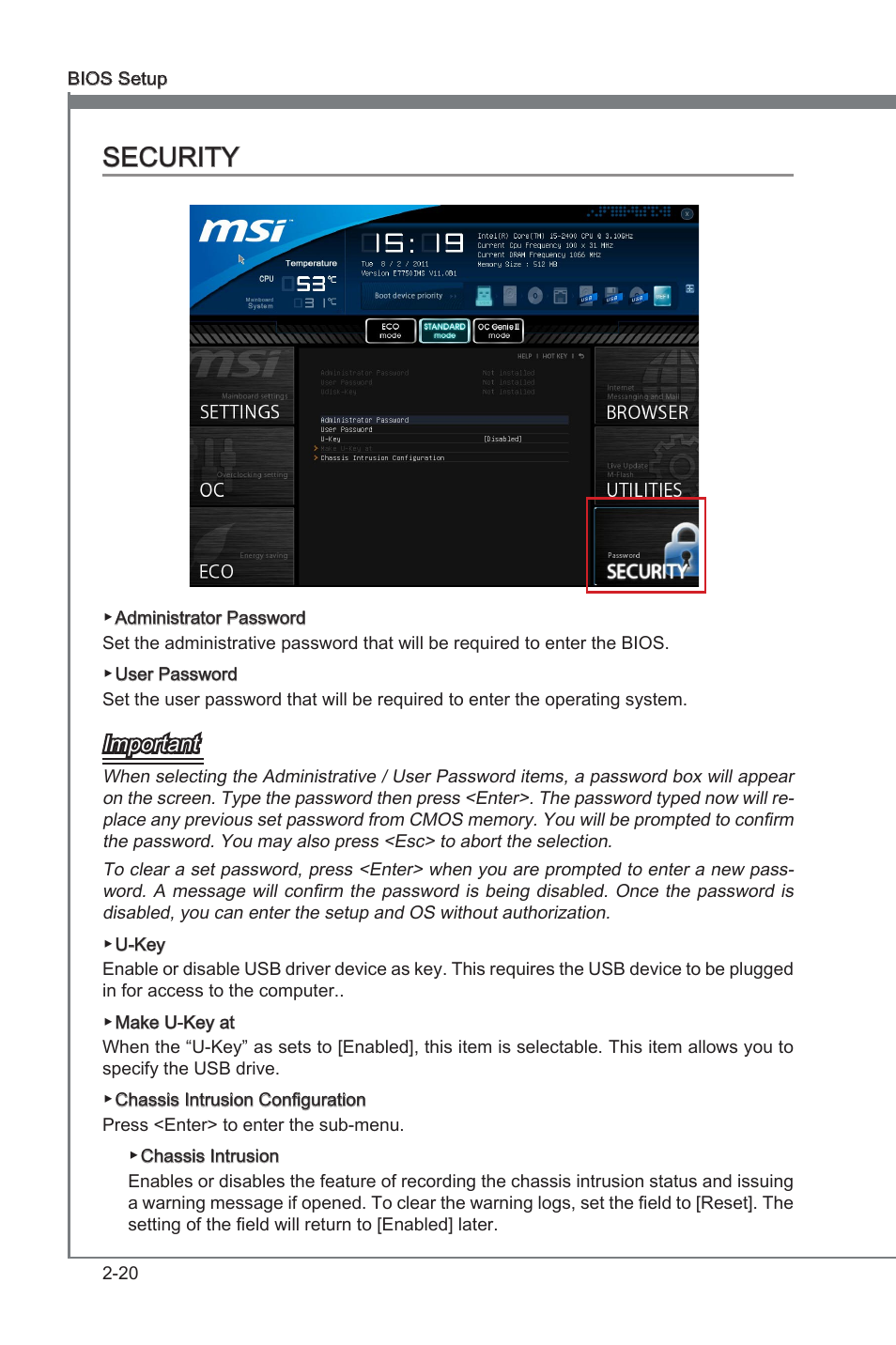 Security -20, Chapter 2 security, Important | MSI Z68A-G45 (G3) Manual User Manual | Page 60 / 82