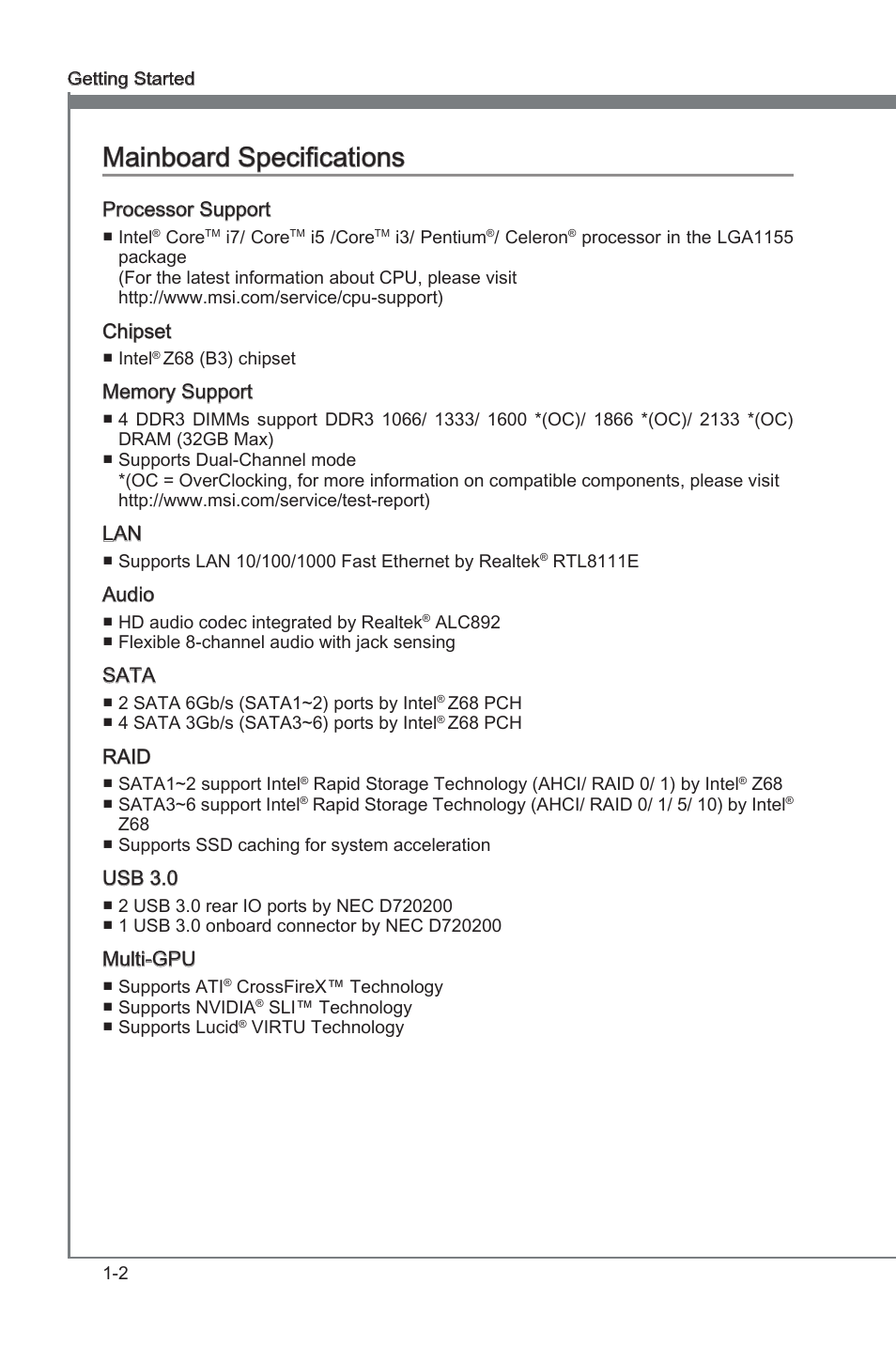 Manboard specficatons -2, Manboard specficatons | MSI Z68A-G45 (B3) Manual User Manual | Page 12 / 80