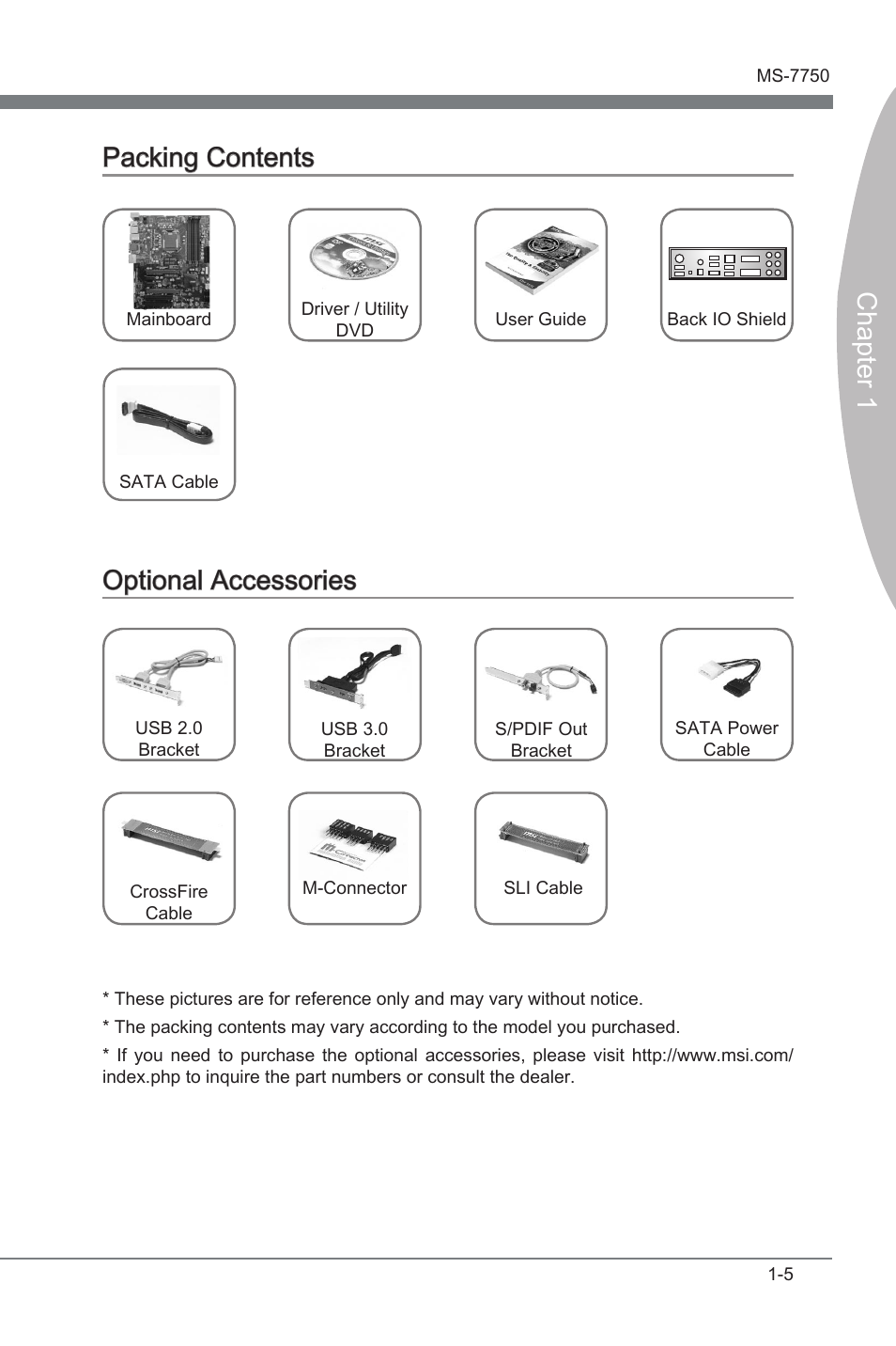 Packng contents -5 optonal accessores -5, Chapter 1 packng contents, Optonal accessores | MSI Z68A-G45 (B3) Manual User Manual | Page 15 / 80