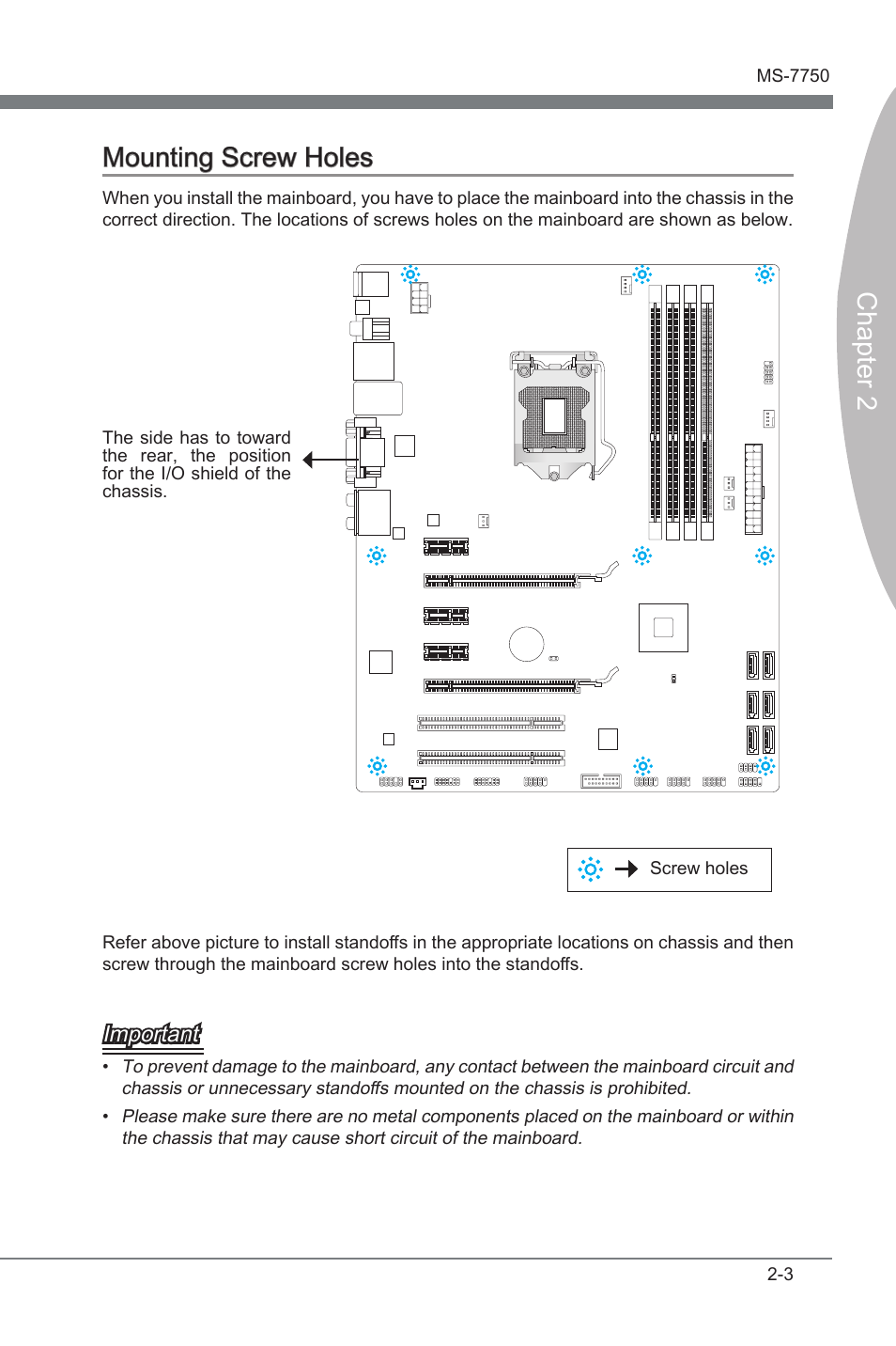 Mountng screw holes -3, Chapter 2 mountng screw holes, Important | MSI Z68A-G45 (B3) Manual User Manual | Page 19 / 80