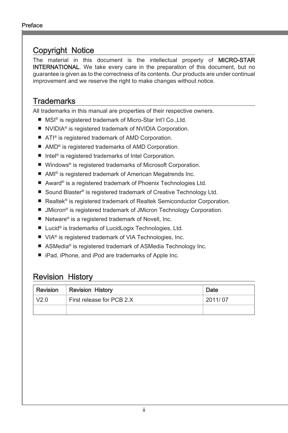 Preface, Copyrght notce, Trademarks | Revson hstory | MSI Z68A-G45 (B3) Manual User Manual | Page 2 / 80