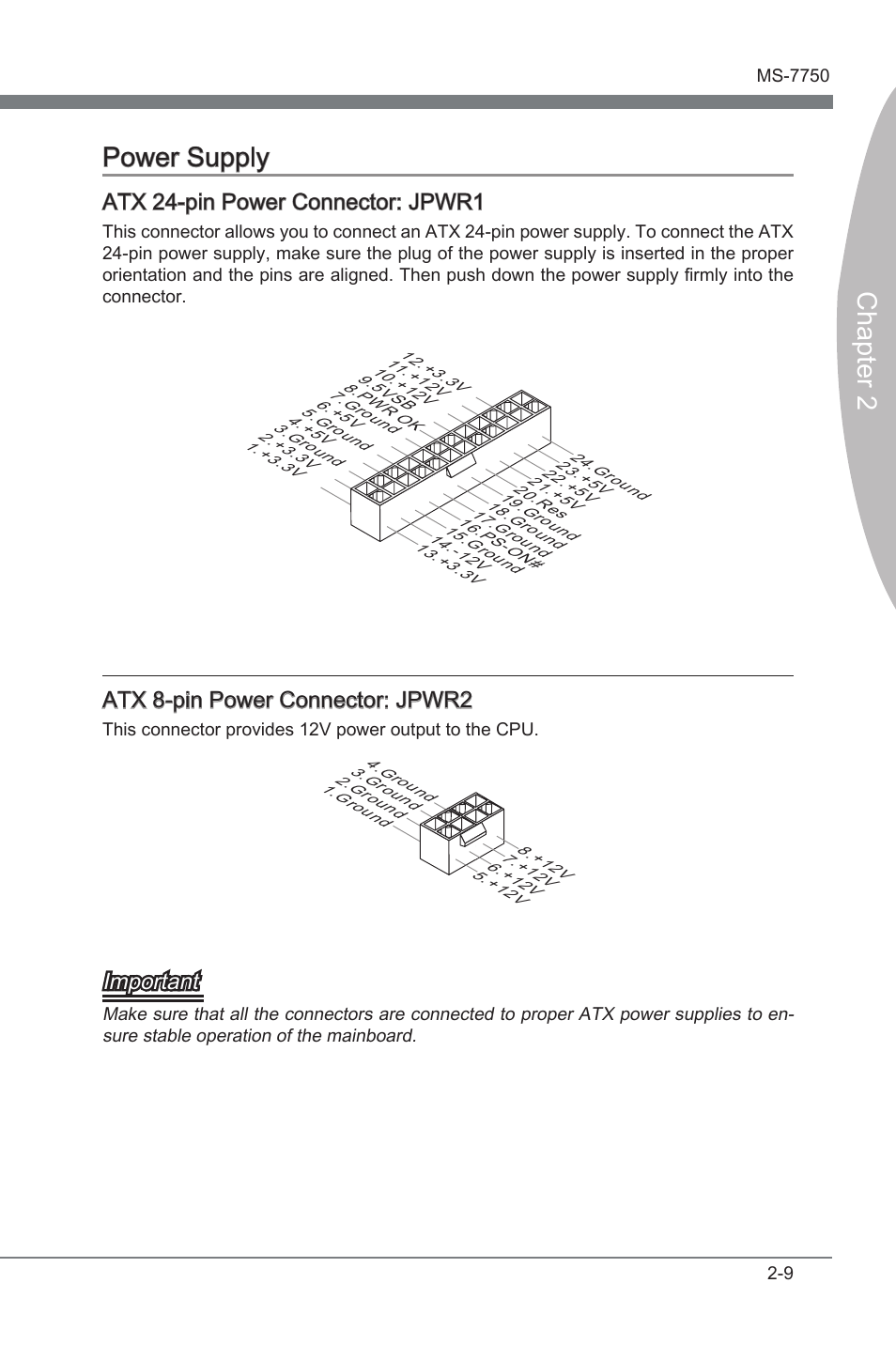 Power supply -9, Chapter 2 power supply, Atx 24-pn power connector: jpwr1 | Atx 8-pn power connector: jpwr2, Important | MSI Z68A-G45 (B3) Manual User Manual | Page 25 / 80