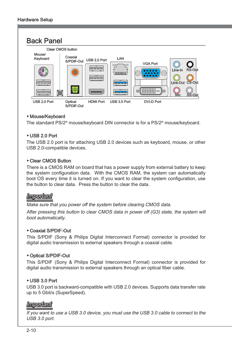 Back panel -10, Back panel, Important | MSI Z68A-G45 (B3) Manual User Manual | Page 26 / 80