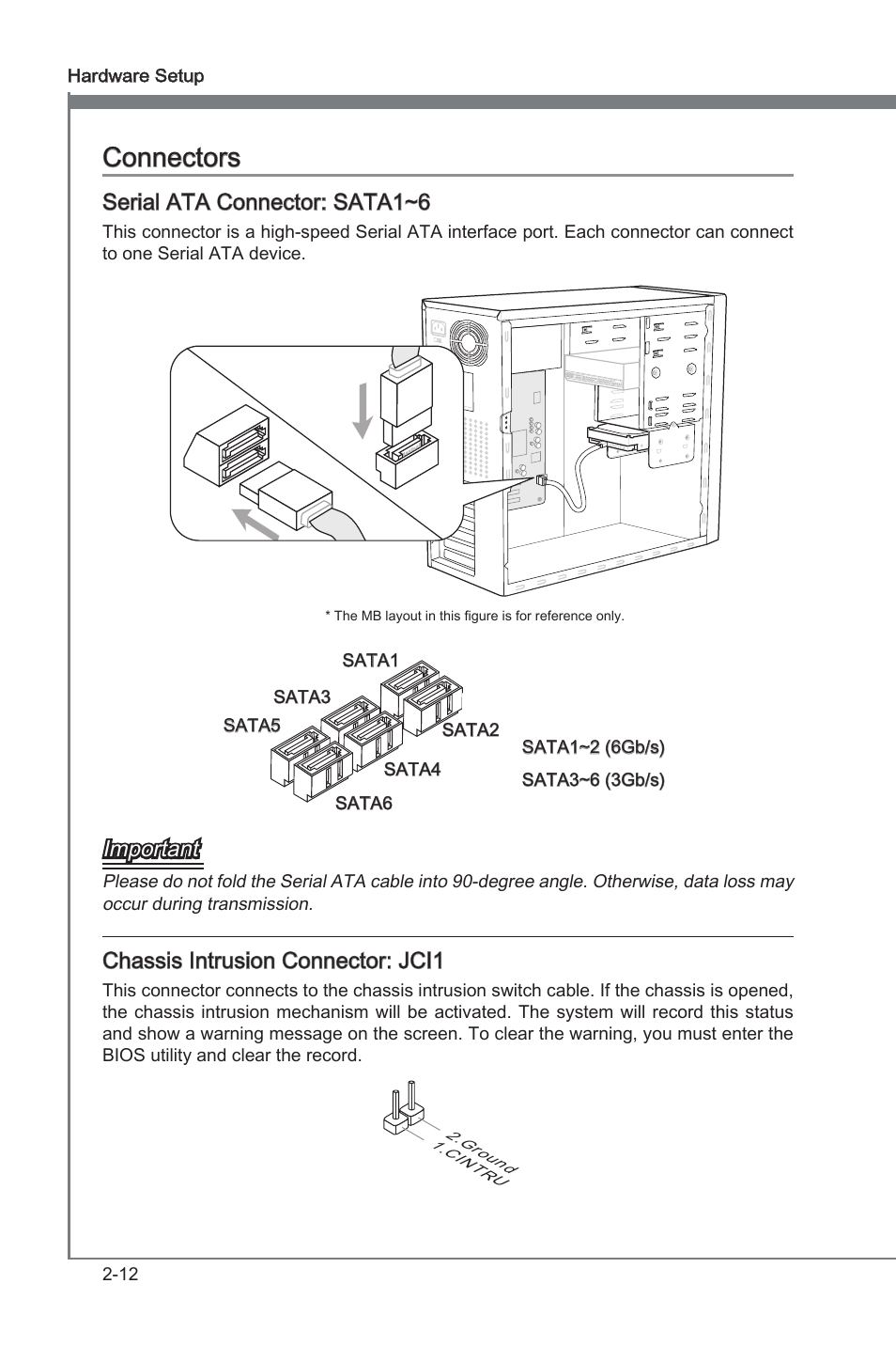 Connectors -12, Connectors, Seral ata connector: sata1~6 | Important, Chasss intruson connector: jci1 | MSI Z68A-G45 (B3) Manual User Manual | Page 28 / 80