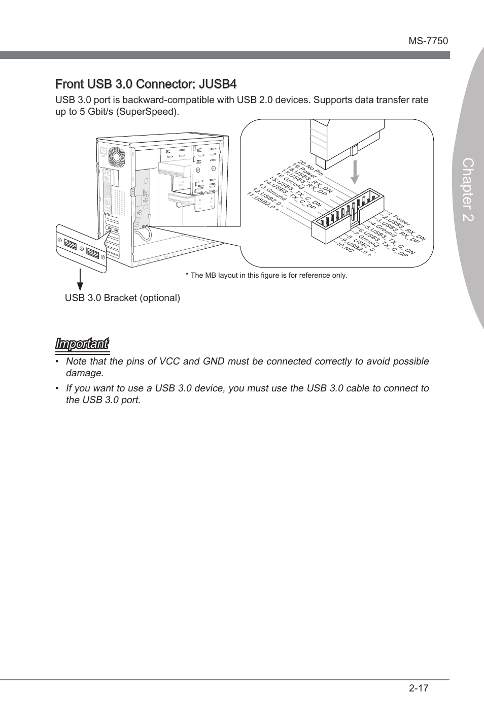Chapter 2, Front usb 3.0 connector: jusb4, Important | Usb 3.0 bracket (optonal) | MSI Z68A-G45 (B3) Manual User Manual | Page 33 / 80
