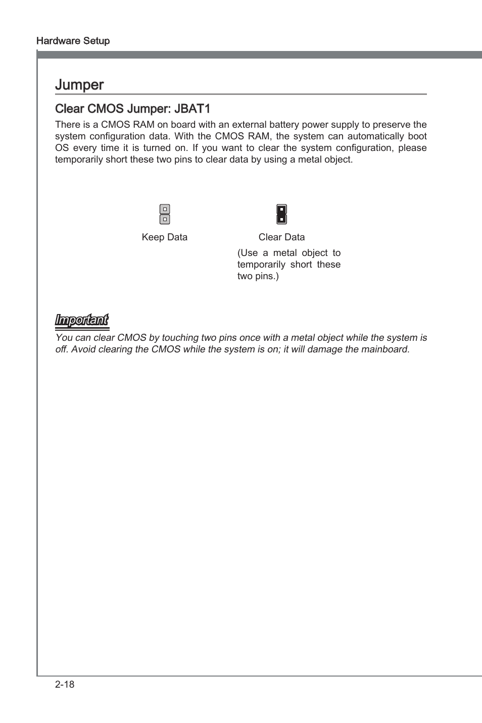 Jumper -18, Jumper, Clear cmos jumper: jbat1 | Important | MSI Z68A-G45 (B3) Manual User Manual | Page 34 / 80