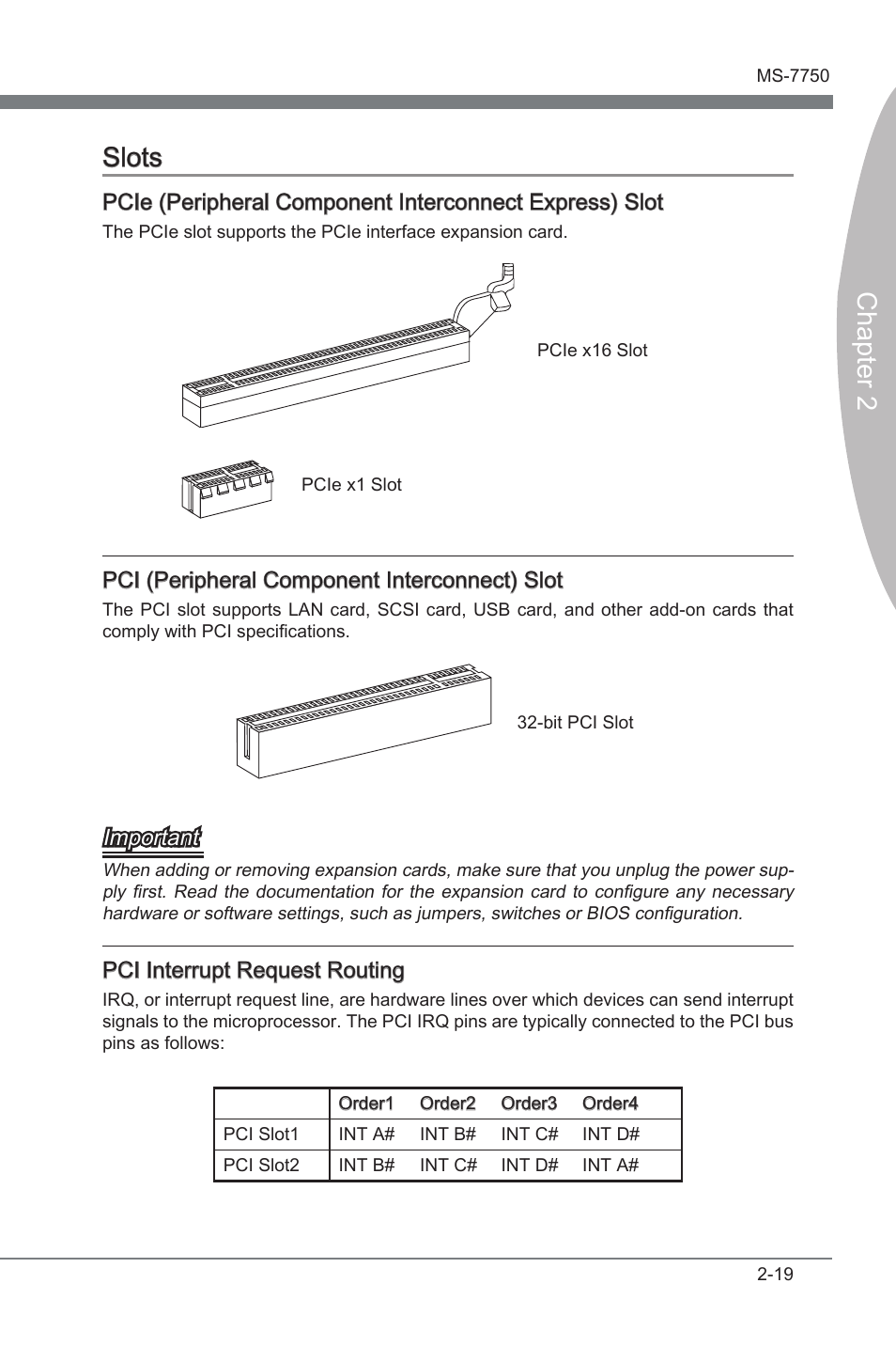 Slots -19, Chapter 2 slots, Pci (perpheral component interconnect) slot | Important, Pci interrupt request routng | MSI Z68A-G45 (B3) Manual User Manual | Page 35 / 80