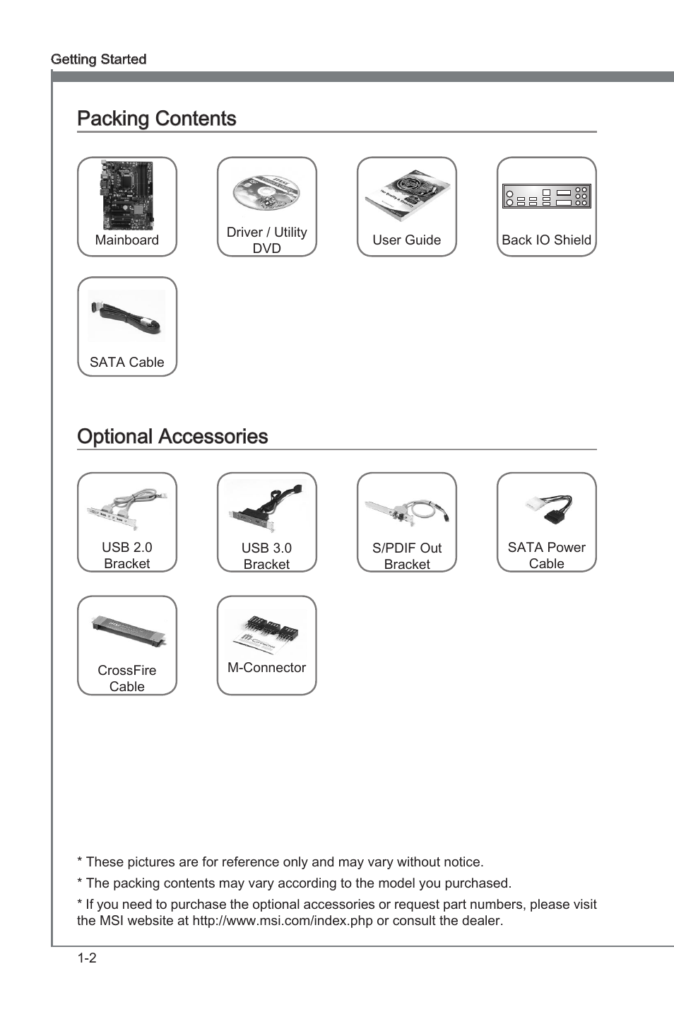 Packing contents, Optional accessories, Packng contents -2 optonal accessores -2 | Packng contents, Optonal accessores | MSI Z68A-G43 (G3) User Manual | Page 12 / 80