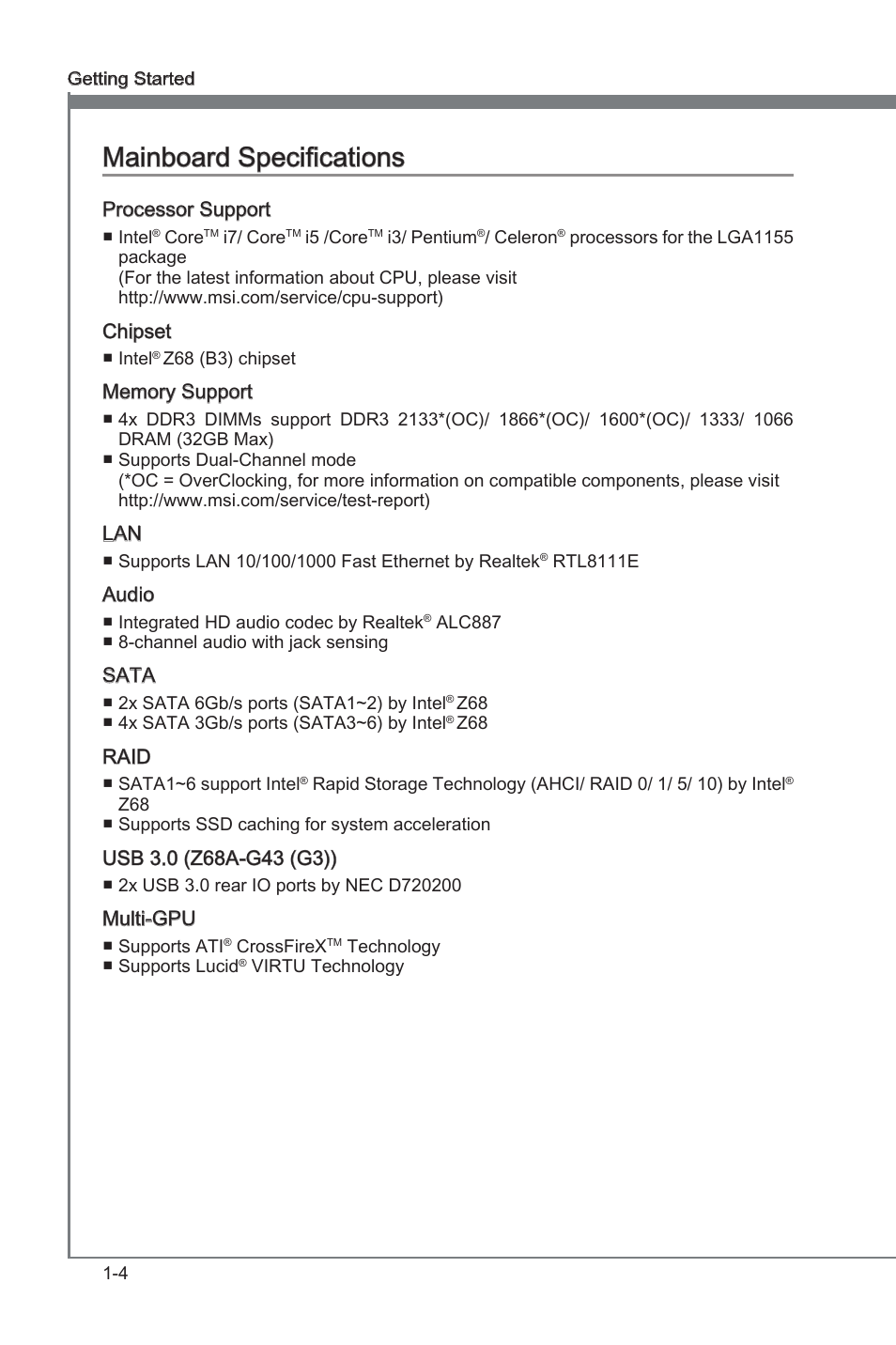 Mainboard specifications, Manboard specficatons -4, Manboard specficatons | MSI Z68A-G43 (G3) User Manual | Page 14 / 80