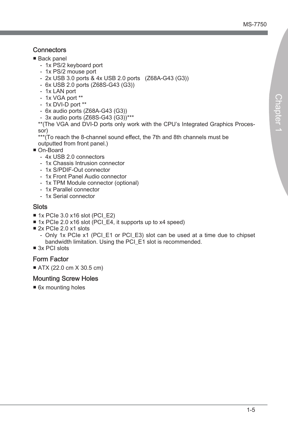 Chapter 1 | MSI Z68A-G43 (G3) User Manual | Page 15 / 80