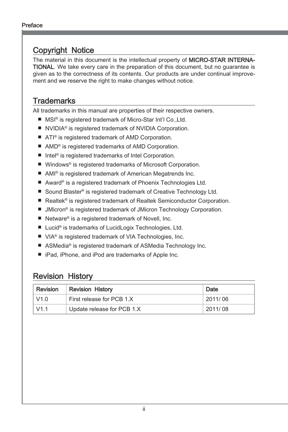 Copyright notice, Trademarks, Revision history | Preface, Copyrght notce, Revson hstory | MSI Z68A-G43 (G3) User Manual | Page 2 / 80