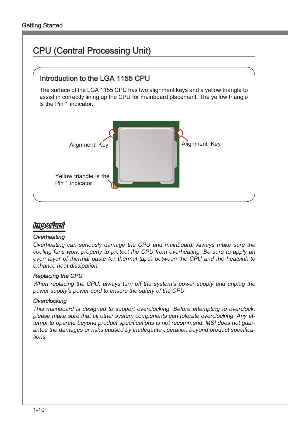 Cpu (central processing unit), Introduction to the lga 1155 cpu, Cpu (central processng unt) -10 | Lga 1155 cpu socket, Cpu (central processng unt), Introducton to the lga 1155 cpu, Important | MSI Z68A-G43 (G3) User Manual | Page 20 / 80