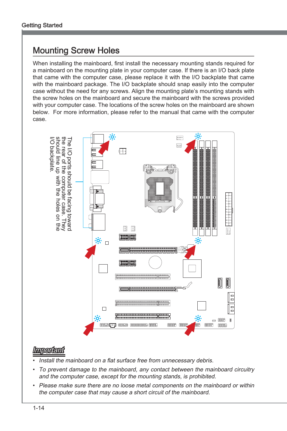 Mounting screw holes, Mountng screw holes -14, Mountng screw holes | Important | MSI Z68A-G43 (G3) User Manual | Page 24 / 80