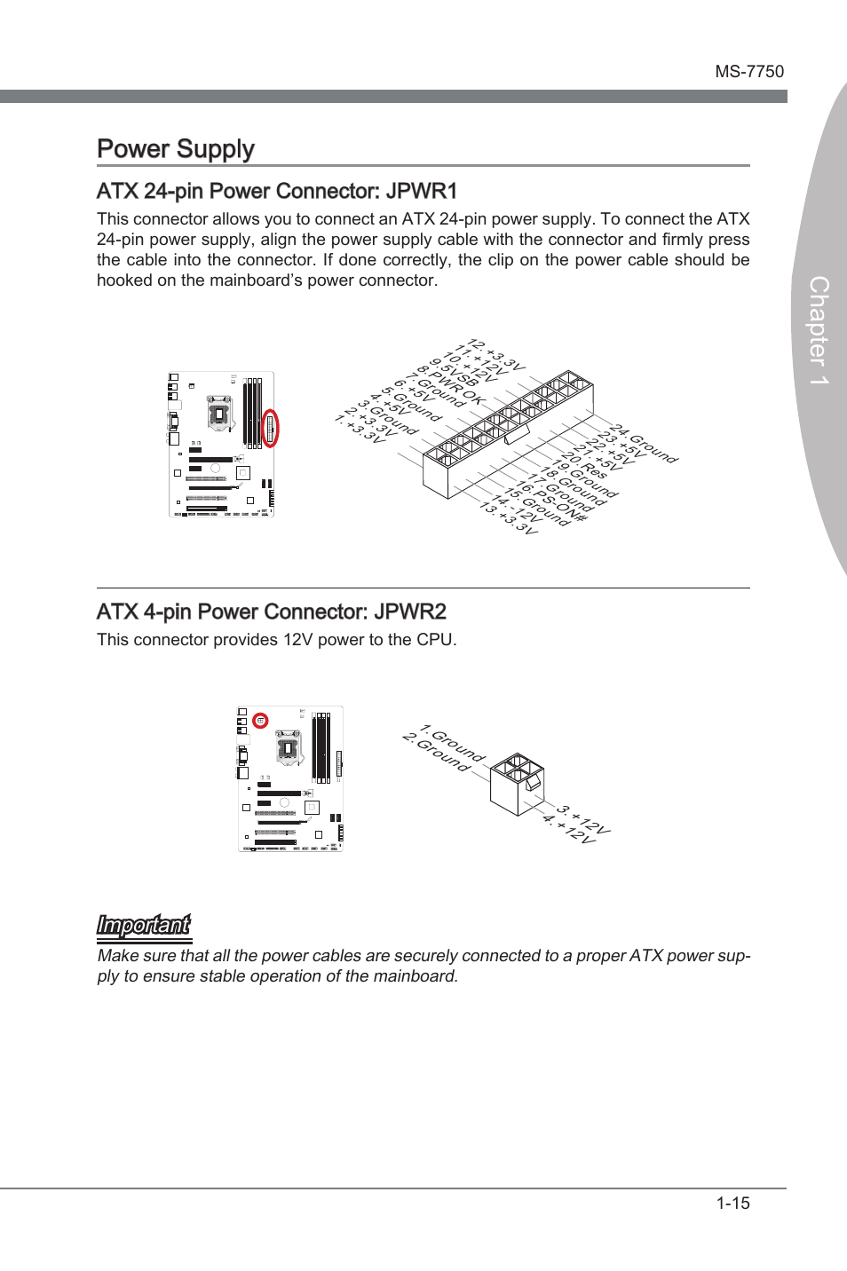 Power supply, Atx 24-pin power connector: jpwr1, Atx 4-pin power connector: jpwr2 | Power supply -15, Atx 24-pn power connector, Jpwr1, Atx 4-pn power connector, Jpwr2, Chapter 1 power supply, Atx 24-pn power connector: jpwr1 | MSI Z68A-G43 (G3) User Manual | Page 25 / 80